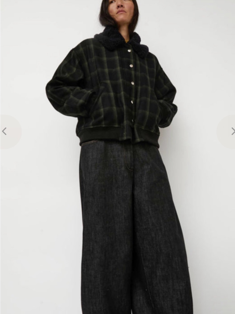 No 6 Store Landmark Plaid Bomber Jacket with Sherpa Collar - Black/Green M - Picture 4 of 10